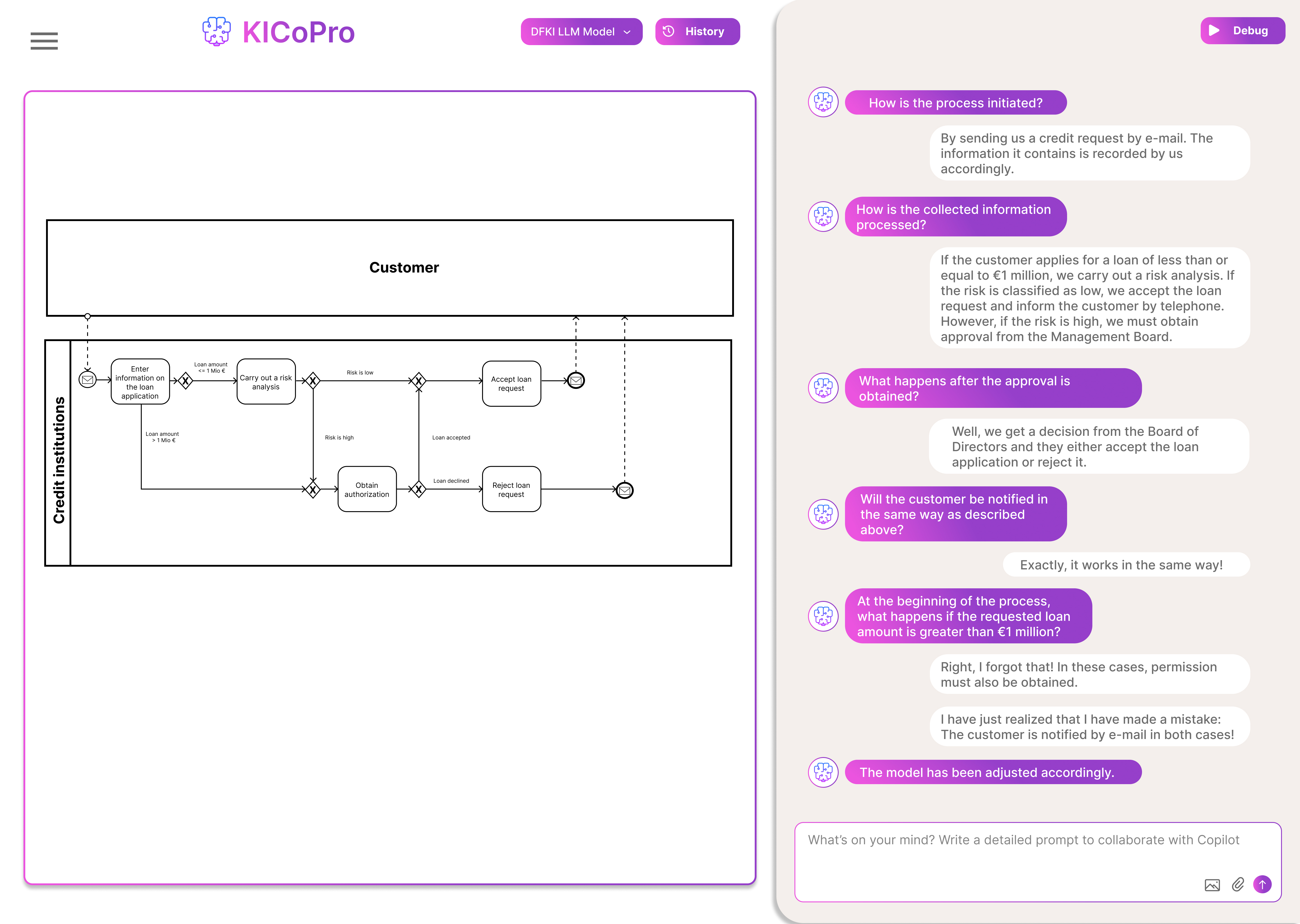 Customer interacting with KICoPro chatbot. Flowchart on left, chatbot interface on right.